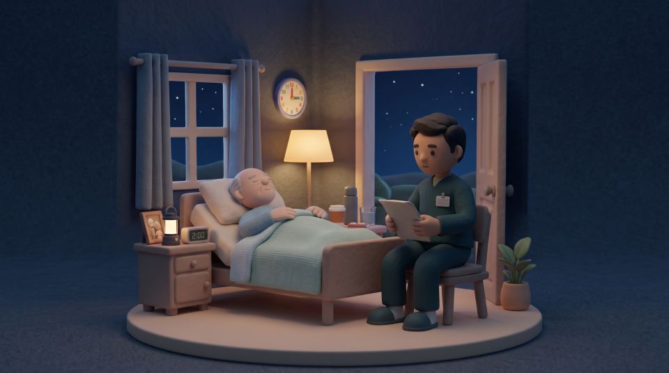 Cuidadora noturna acompanhando um idoso durante a noite