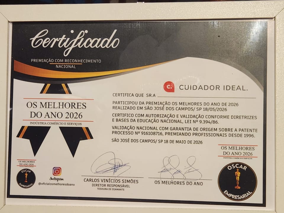 Certificado Os Melhores do Ano 2026 recebido pela Cuidador Ideal em São José dos Campos